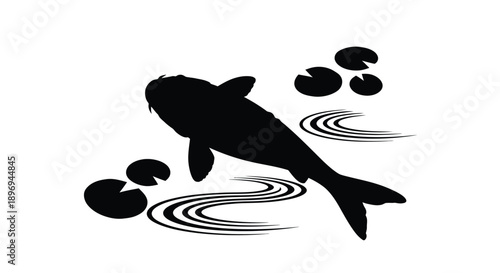 Black silhouette of a koi fish swimming with water ripples