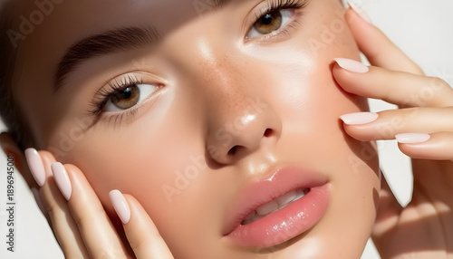 Beautiful woman with glowing skin and smulight on face