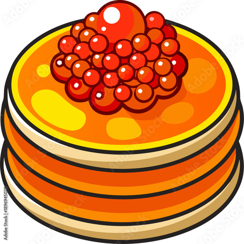 Pancakes with red caviar, cartoon vector illustration isolated , white background