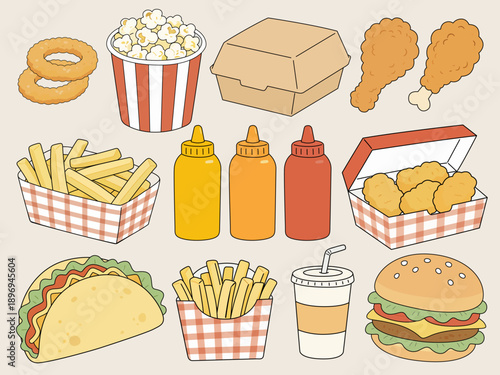 Complete Fast Food Menu Elements Vector Collection Set