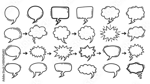 Hand-drawn Speech Bubbles Collection: Various Shapes and Styles in Black Outline