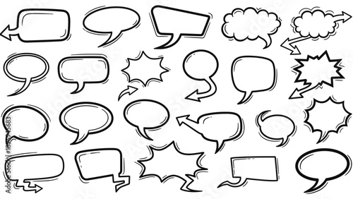 Hand-drawn Black and White Speech Bubbles with Various Shapes and Styles