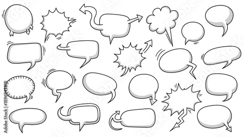 Collection of Hand-Drawn Comic Speech Bubbles with Various Shapes and Styles