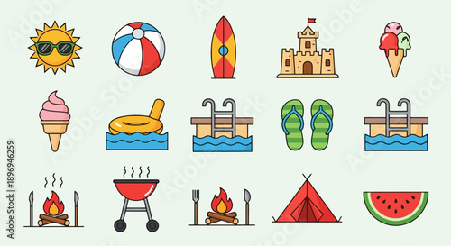 Summer Vacation Icons Collection Beach Pool Camping Food.