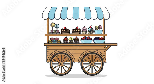 Wooden Dessert Cart with Striped Awning and Treats Displayed.