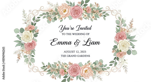 Elegant Wedding Invitation with Floral Wreath and Text.