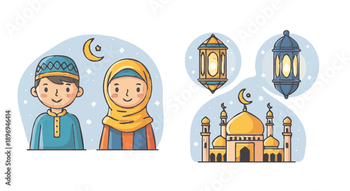 Ramadan Kareem illustration of Muslim children and mosque.
