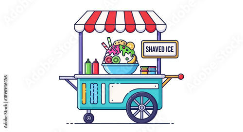 Colorful Shaved Ice Cart with Striped Awning and Toppings.