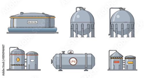 Set of industrial storage tanks and containers for liquids and gases.