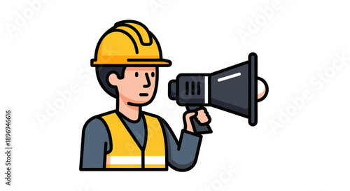 Construction worker in yellow hard hat and vest holding a megaphone.
