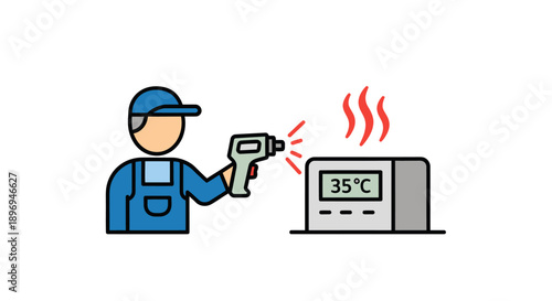 Technician Checking Temperature of Equipment with Infrared Thermometer.