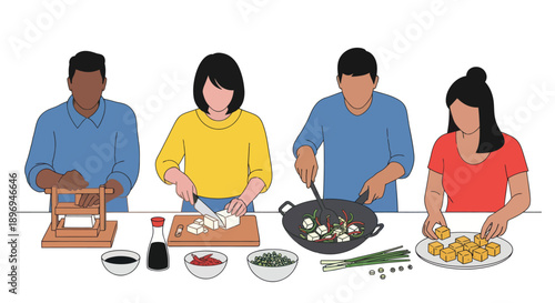 People cooking together preparing ingredients and stir-frying in a wok enjoying a collaborative culinary experience.