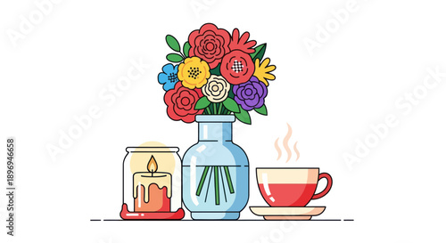 Colorful Flower Bouquet in Vase with Candle and Tea Cup Illustration.
