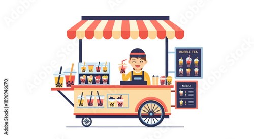Cheerful vendor serving drinks from a colorful food cart.