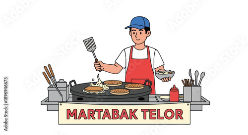 Cartoon Illustration of a Street Food Vendor Cooking Martabak Telor.