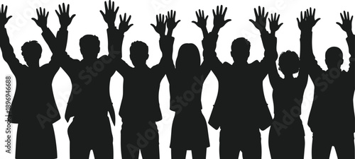 Group, people, silhouettes, raised, hands, celebration, teamwork, success, unity, crowd, community, diversity, achievement, motivation, business, event, concept, flat, vector, illustration
