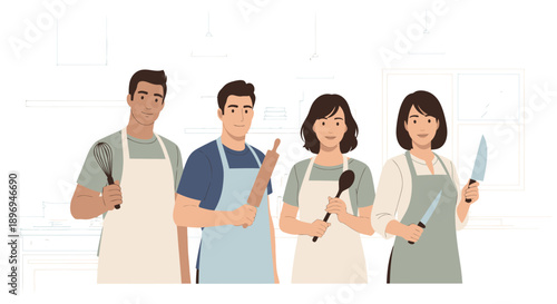 Diverse Group of Chefs and Cooks in Aprons Holding Kitchen Utensils.