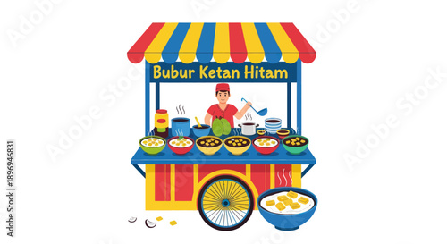 Indonesian Street Food Vendor Selling Bubur Ketan Hitam Porridge Cart Illustration.