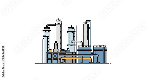 Industrial Plant Illustration with Towers and Pipelines.