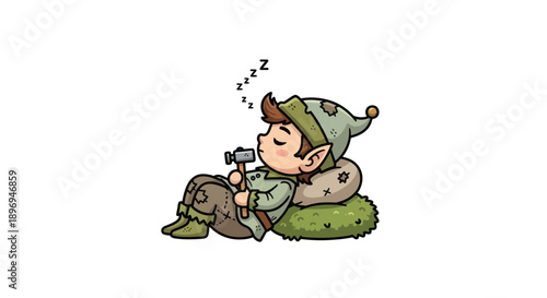 Adorable cartoon elf sleeping with hammer and mushroom pillow.