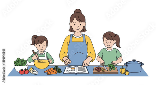 Mother and two children happily cooking together in the kitchen following a recipe book.