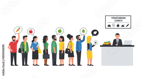 Diverse People Queueing for Vegetarian Lunch Holding Food Thought Bubbles.