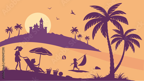 Tropical Sunset Silhouette Family Vacation Beach Holiday Palm Trees Castle Background Summer Travel Fun