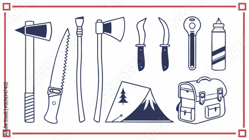 Camping Survival Gear Icons for Outdoor Adventure Travel Web Design and Wilderness Expedition Brochures