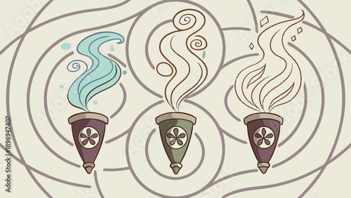 Mystical Elemental Torches Representing Water Earth Fire for Fantasy Game Design or Spiritual Branding Graphics