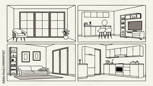 Modern Home Interior Design Layout Showing Four Rooms Living Kitchen Dining and Bedroom Spaces for Real Estate