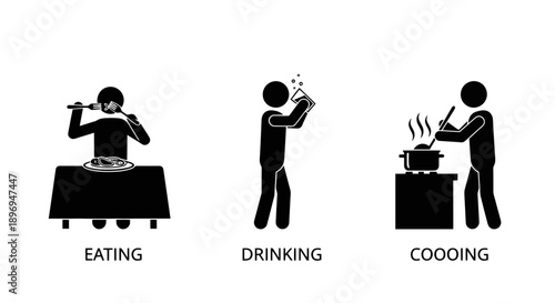 Stick figures representing eating drinking and cooking activities.