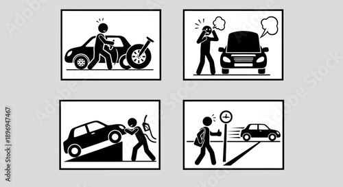 Set of four simple black and white illustrations depicting traffic and road safety scenarios.