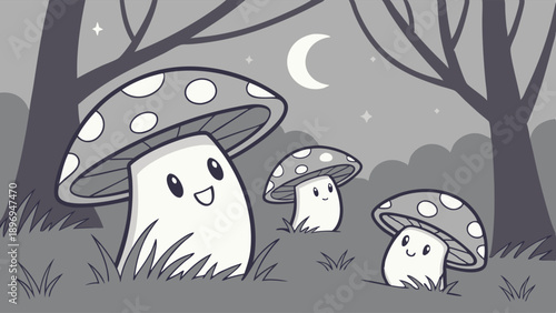 Cute Happy Mushroom Family Glowing in Magical Night Forest for Children Book Illustration or Fantasy Website Design