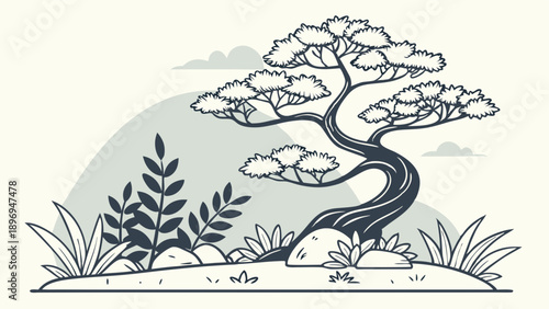 Zen Bonsai Tree Landscape Illustration for Calm Website Design Spa Branding Peaceful Nature Background
