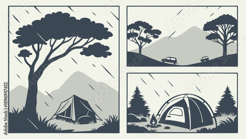 Outdoor Camping Adventure Scenes with Tents and Rain Showers for Travel Web Design and Seasonal Vacation Promotion