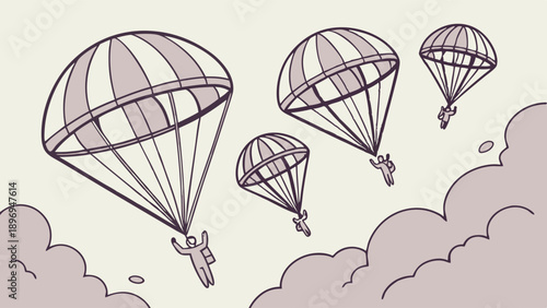 Paratroopers Descending Through Clouds Skydiving Team Deployment for Extreme Sports Adventure and Risk Taking Journey