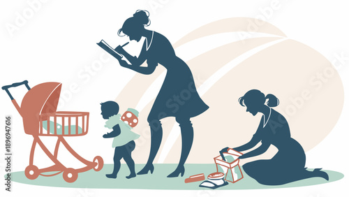Mothers Juggling Childcare and Work Silhouettes Managing Toddler and Baby Stroller for Work Life Balance