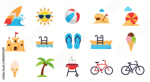 Summer vacation icons collection for beach and pool activities.