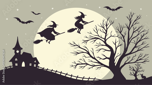 Spooky Halloween Night Silhouette Witches Flying Past Full Moon Over Haunted House and Bare Tree for Holiday Design
