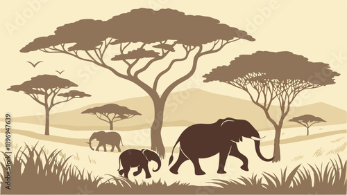 African Savannah Silhouette Elephants Walking Through Acacia Trees for Travel Wildlife Documentary or Eco Tourism Web Design Background