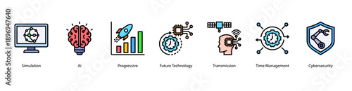 Digital Future and Cyber Defense web banner icon vector illustration featuring Simulation, AI, Progressive, Future Technology, Transmission, Time Management, and Cybersecurity.