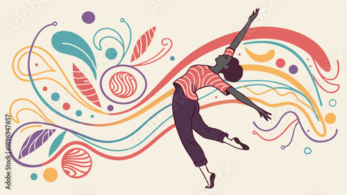 Joyful Dancer Leaping with Colorful Abstract Swirls for Wellness Fitness Music Event Promotion Web Design
