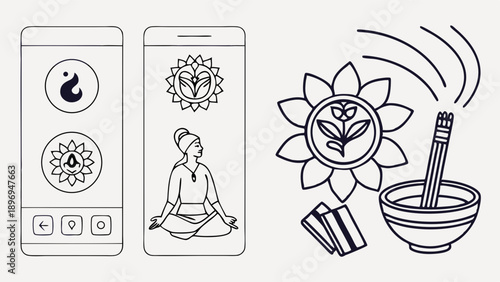 Yoga Meditation App Interface with Spiritual Symbols Incense Burning for Wellness and Mindfulness Design Projects
