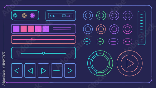Neon Glow Audio Mixer Interface UI Elements for Music Production App Design and Digital Media Control Panels