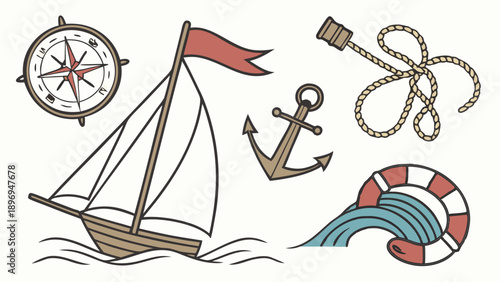 Nautical Adventure Icons Set Sailing Boat Compass Anchor Rope Lifebuoy for Travel Web Design Summer Vacation Graphics