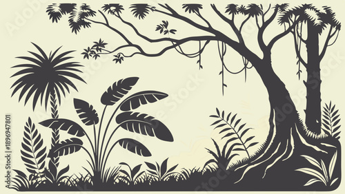 Jungle Rainforest Silhouette Background for Travel Brochures Tropical Vacation Web Banners Lush Nature Design