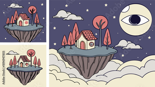 Floating Island Night Sky Dreamscape with House and All-Seeing Moon for Fantasy Web Design Backgrounds