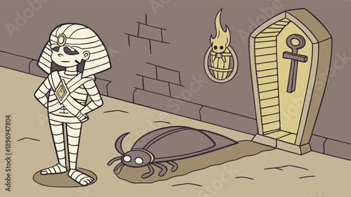 Ancient Egyptian Mummy Child Meets Giant Scarab Beetle Near Coffin for Halloween or History Website Design Story