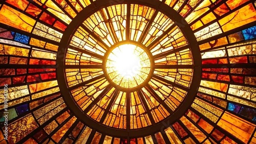 A vibrant stained glass window with a circular design, illuminated by bright sunlight, creating a colorful background.