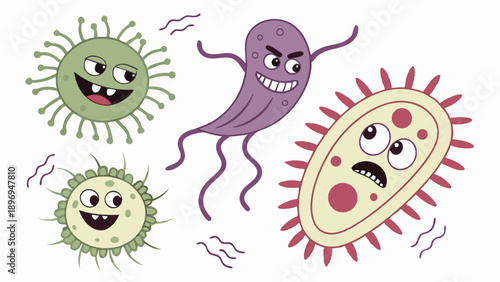Cartoon Microbes Bacteria Germs Fighting Scary Virus Illustration for Health Education Science Websites